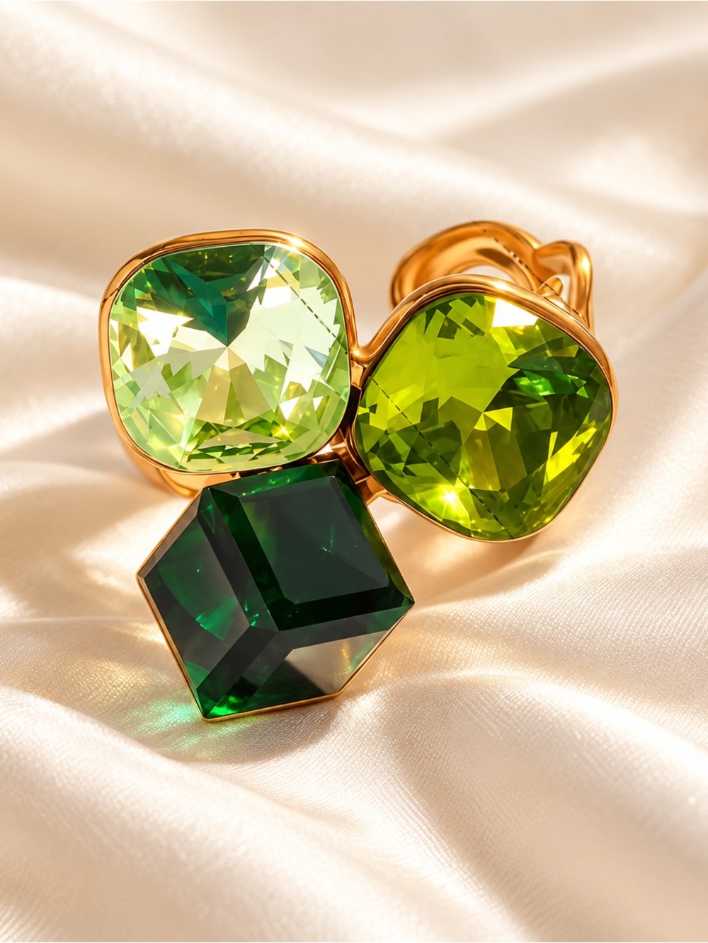 14K Gold Over Stainless Steel Green Glass Crystal Cluster Glow Ring